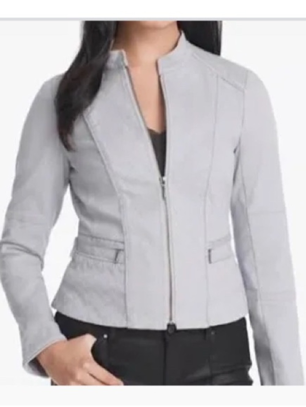 White House Black Market Light Gray Leather Zip-Front Jacket